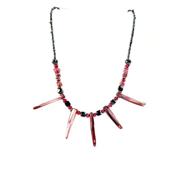 Ruby Garnet Pink Tourmaline Abalone Claw Black Spinel Beaded Necklace - Picture 6 of 7